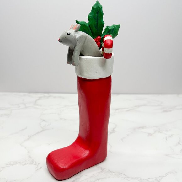Vintage Handmade Stocking Mouse Candy Cane Wooden Sculpture Figurine Mistletoe - Picture 1 of 8